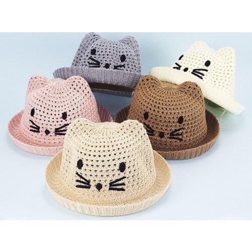 Boy Girl Imitation Raffia Embroidery Cartoon Cat Breathable Basin Cap Child Summer Sunscreen Straw Knit Sun Fisherman Hat R64