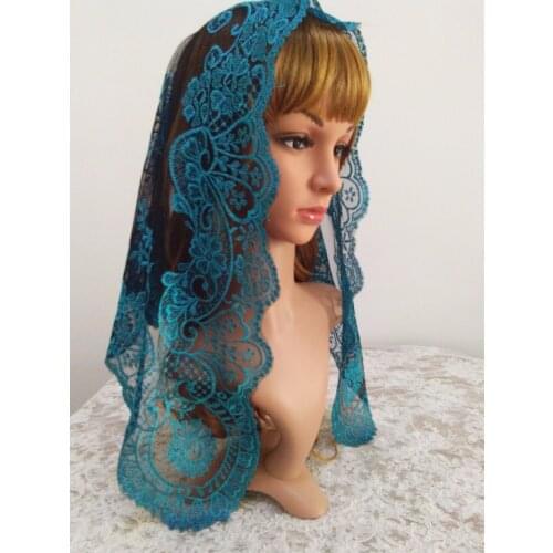 Blue on Black Embroidery Spanish Lace Mantilla Veil ,Chapel Lace Veil Mantilla ,Catholic Lace Veil