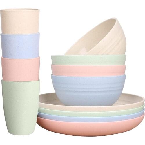 Wheat Straw Plates Bowls and Cups Dinner Set,Microwave Dishwasher Safe,for Home Caravan Picnic Camping,12 Piece