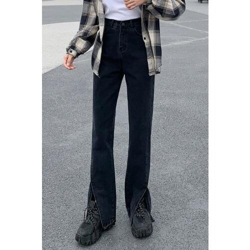 Syiwidii Women Jeans Black Flare Pants Front Side Slit Leg 2021 Fall High Waisted Bell Bottom Jeans Full Length Denim Clothes