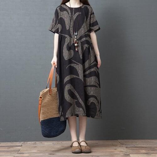 Women Cotton Linen Dress Vintage Summer Print Midi Dress 2020 Short Sleeve Sundress Loose Baggy Kaftan Woman Clothes Vestidos