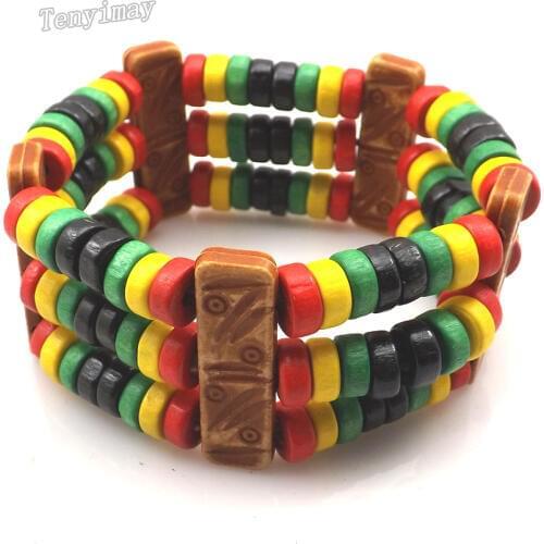 12pcs/lot Bohemian Stlye Elastic Multi-tier Wood Beaded Bangles For Women 30mm Width