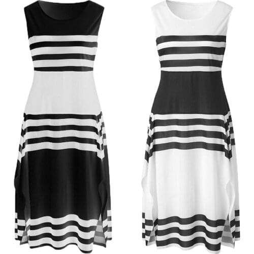 3XL Women Stripe Sleeveless Black Dress Ladies Round Neck Casual Long Dress 2021 Vintage White Striped Party Dresses Vestidos