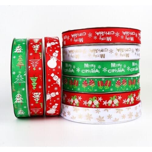 5yards 25mm Wide Grosgrain Christmas Ribbon Red Green Printed White Snowflake Grosgrain Ribbon Gift Ribbons Christmas Decoration
