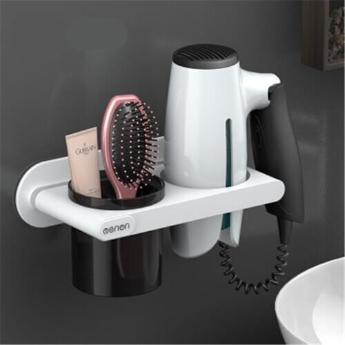Hair Dryer Holder with Cup Wall-Mounted Punching Free Storage Box Bathroom Organizer Hair Curling Iron Rack Household Accessory