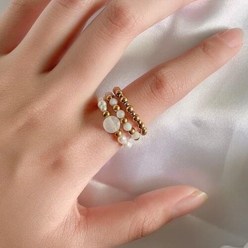 New White Jade Beaded Ring Set for Women Handmade Stainless Steel Wedding Jewelry Stretchy Freshwater Pearl Party Ring Gifts