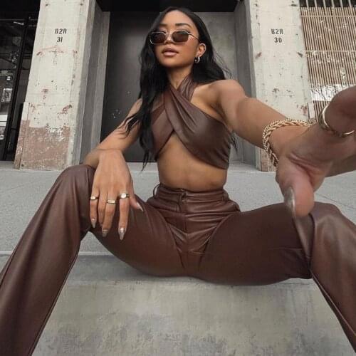 Townlike PU Leather Two Piece Set Halter Crop Top And Straight Pants 2 Pieces Sets Women 2021 Spring Autumn Slim Bandage Outfits