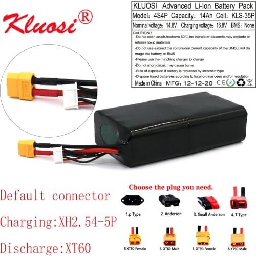 KLUOSI 16.8V Li-ion Battery 14.8V 14Ah 4S4P High Capacity UAV Rechargeable for Various RC Airplane Quadrotor Etc XH2.54-5P XT60