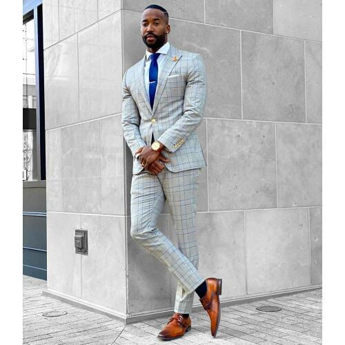 High Quality Check Men Tuxedo Groom Suits Peaked Lapel Slim Fit One Button Business Prom Party Blazer Jacket (Jacket+Pants)