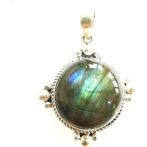 Nepal Hand 925 Silver Jewelry Inlaid Natural Round Labradorite Vintage Pendants for Lady T9074
