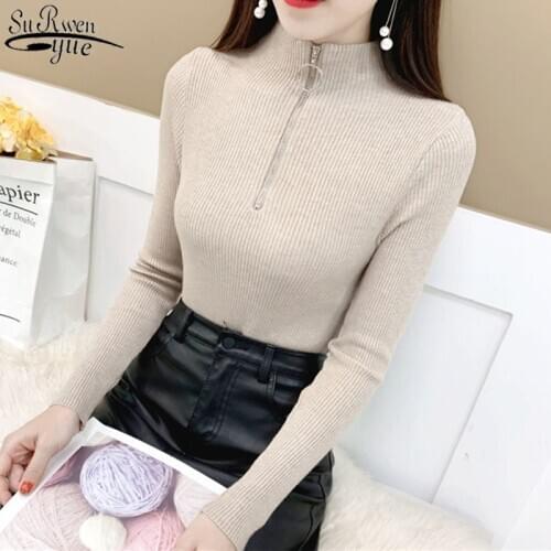 2021 New Fashion Knitted Pullover Bottoming Shirt Winter Clothes Women Half Turtleneck Sweater Women Zipper Knitwear Femme 11034