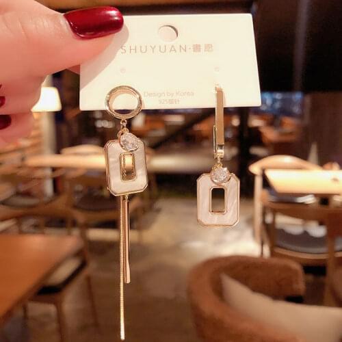 New Korean tide square shell tassel ear asymmetry long money eardrop geometric earact the role of sweet ear nail female