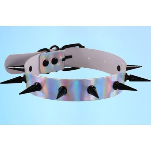 New Personality exaggerated European and American laser color leather collar nightclub black rivet with barbed collarbone chain