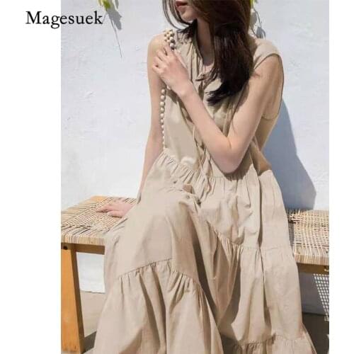 Korean Summer Women Dress Cotton Fold V-Neck Sleeveless Dress Solid Casual Fashion Office Lady Loose Long Dress Vestidos 13950