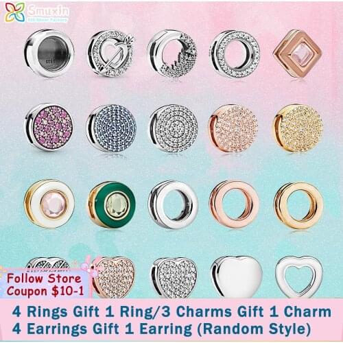 Smuxin 925 Sterling Silver Bead Silver Star Timeless Sparkle Heart Dangle Clip Charms fit Original Pandora Reflexions Bracelets