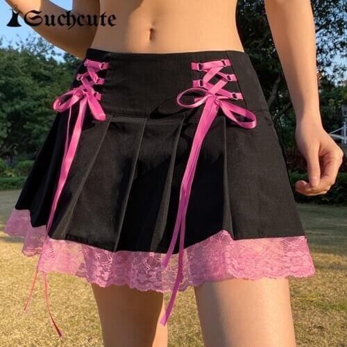 SUCHCUTE Pink Lace Patchwork 2000s Aesthetic Mini Skirts For Women Dark Academia Fashion Lace Up Pleated Skirts Party Clubwear