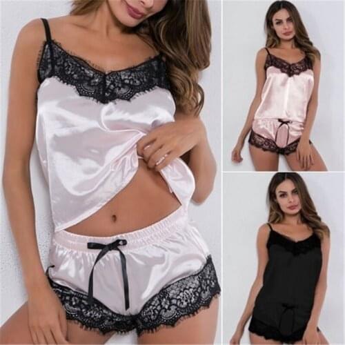 Womens Sleepwear Sexy Satin Pajama Set Black Lace V-Neck Pyjamas Sleeveless Cute Cami Top And Shorts
