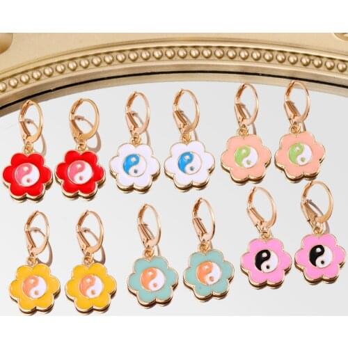 JUST FEEL 2021 Fashion Colorful Enamel Flowers Drop Earrings for Women Girls Cute Yin Yang Geometric Earrings Korean Jewelry