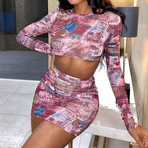 OMILKA Newspaper Printed 2 Piece Set Women Long Sleeve O Neck Crop Top and Pencil Mini Skirt Set 2020 Summer Sexy Club Outfits
