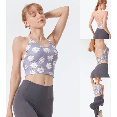 Null Women Summer Halter Strappy Sports Bra Sweet Daisy Floral Print Backless Yoga Crop Tank Top Push Up Padded Seamless Fitness