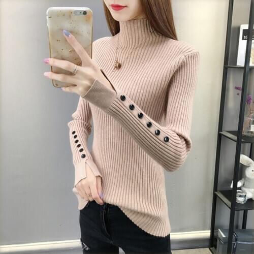 Casual winter Pullover womens high neck thickened split long sleeve button Pullover womens soft thin rib knitted pullover