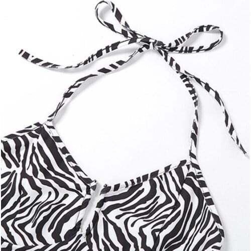 Women Sexy Halter Backless Bodycon Crop Top Hollow Out Zebra Stripes Camis Vest A0NF