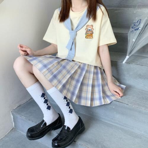 2-Pieces Sets Vintage Bear Embroidery T Shirts+Mini Skirts Plaid Pleated Women Kawaii Clothes 2021New Japanese Style Teens Girls