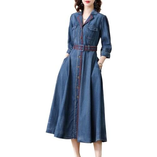 2021 New Women Embroidered Denim Dress Spring And Summer Models With Three-Quarter Sleeves Thinner Cowgirl A-Line Vestidos A157