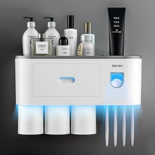3 Cup Creative Toothbrush Storage Rack Hole-Free Gargle Toothbrush Cup Set Bathroom Toothbrush Holder with Toothpaste Dispenser