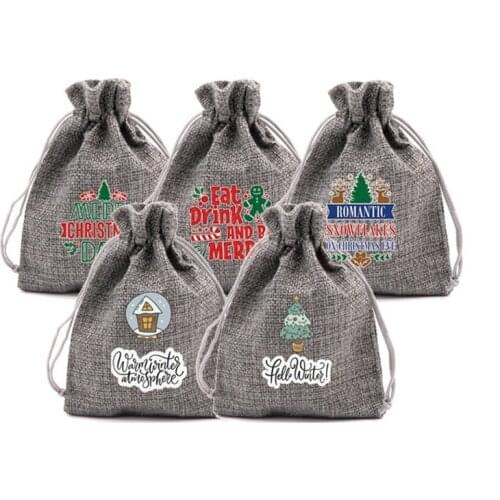 50pcs/lot Gray Linen Drawstring Bag Christmas Theme Printed Pattern Halloween Candy Packaging Bracelet Storage Bag 13x18cm