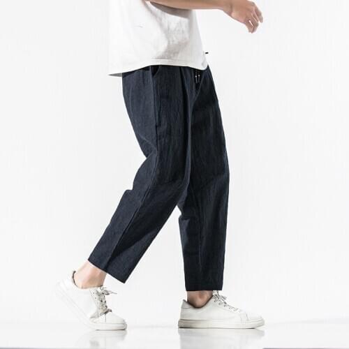 Retro Cotton linen Wide Leg Pants Mens Fashion Straight Trouser Plus Size Rap Hip Hop Streetwear Men Casual Long Pant kung fu