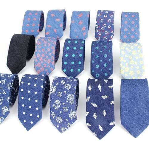 Cotton Denim Ties Mens Blue Solid Color Tie Narrow 6cm Width Necktie Slim Skinny Cravate Narrow Flower Dot Business Neckties