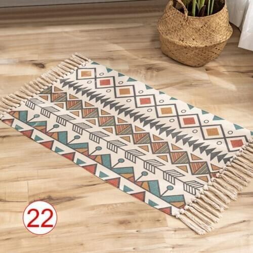 Retro Hand Woven Cotton Linen Carpet Rug Bedside Rug Geometric Floor Mat Living Room Bedroom Carpet Home Decor