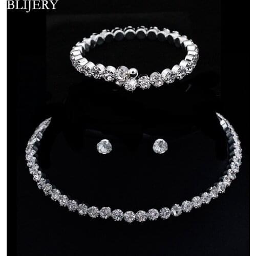 BLIJERY Circle Crystal Bridal Jewelry Sets Silver Color African Beads Wedding Jewelry Necklace Earrings Bracelet Set For Women