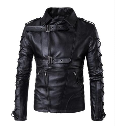 Black motorcycle leather jacket men Rock Punk Short Lace Belt buckle Lapel clothes mens leather jackets and pu coats biker
