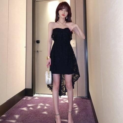 Summer Black Vintage Chic Dress Elegant Sexy Party High-end Asymmetrical Dresses Women Strapless Patchwork Lace Dress Vestidos