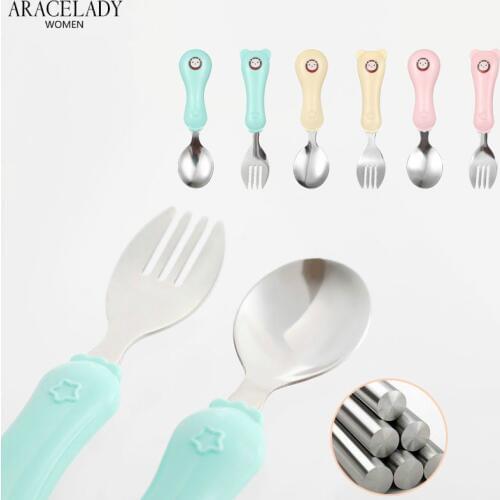 Cartoon Bear Baby Feeding Spoon Children Spoon Fork Set Stainless Steel Kids Eating Utensils Toddler Baby Flatware Accessories