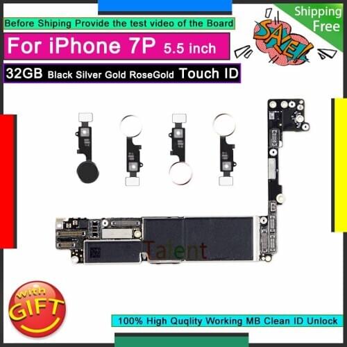 For IPhone 7 Plus Motherboard 32GB Black Silver Gold RoseGold Touch ID Home Butoon Unlock Original Mainboard Good Logic Board