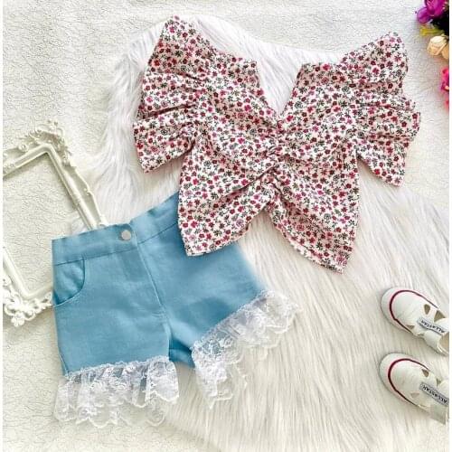 Fashion Kids Suit Set Flower Print V-Neck Short Sleeve Tops Lace Trim Denim Shorts Girls Childrens Sets 2pcs 1-6 Years