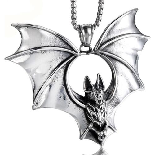 WAWFROK Men Fashion Stainless Steel Necklace Vampire Bat Necklace Long Chain Men Pendant Necklace Silver Color Initial Necklaces