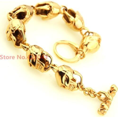 New Arrival 8.66" *15mm Gold Rocker Biker Cool SKULLS Heads Mens Boys 316L Stainless Steel Bracelet Chain Bangles 60g Jewelry