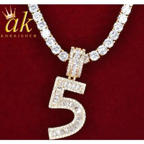 Initial Letter 0-9 Baguette with Tennis Chain Gold Color Bling Zirconia Hip Hop Rock Street Jewelry Necklace for Women
