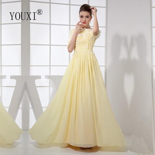 Fancy Long Prom Dresses with Half Sleeve 2020 Daffodil Chiffon Pleats Flowers Pearls Formal Gown Vestido de Festaestido de festa