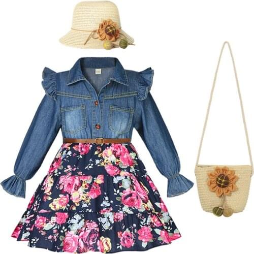 New Girls Denim Floral Dress Clothing Kids Jean Casual Princess Dress Clothes Denim Belt Fashion Outfit Dresses