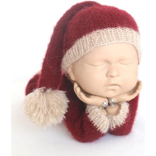 Newborn Christmas Knit Romper Onesie Santa Outfit Photo Prop Knit Sleep Hat Mohair Bodysuit