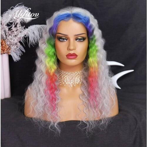 ALIFITOV Rainbow Color Lace Front Wigs Grey Highlight Human Hair Wigs Pre-Plucked Remy Hair Transparent Lace Wigs for Women