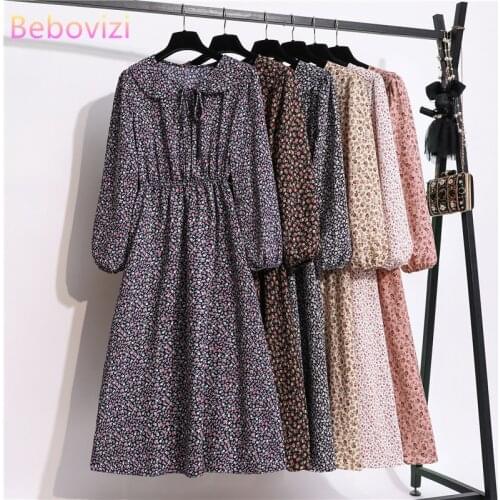 S-XL Pink Black Floral Spring Autumn Fall Long Sleeve Dress Vintage Fashion Office Lady Casual Long Dresses Woman 2020