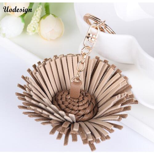 Casual PU Leather Flower Tassels Women Keychain Bag Pendant Alloy Car Key Chain Ring Holder Retro Jewelry Fashion Gift