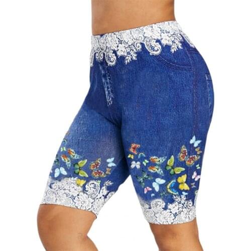 Plus Size Women Shorts Lace Patchwork High Waist Skinny Shorts Multicolored Butterfly Print Denim Running Joggers Shorts