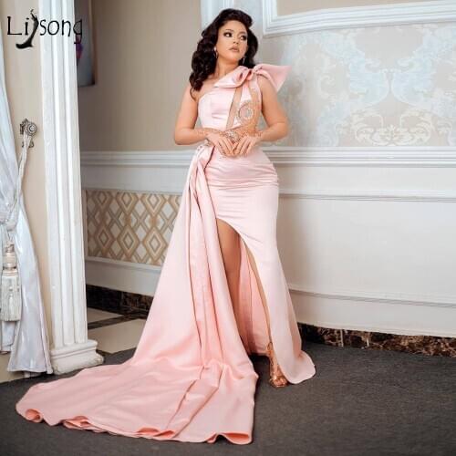 Sexy Pink Side Split Pink Mermaid Prom Dresses One Shoulder Long Prom Gowns Crystal Formal Party Dresses Cute Bow